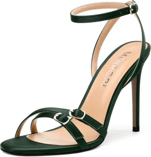 MERRORI Women's High Stiletto Slingback Buckle Heels Open Round Toe Ankle Strap Sexy Comfortable Satin Sandals Wedding Bridal Evening Prom Party Dress Shoes