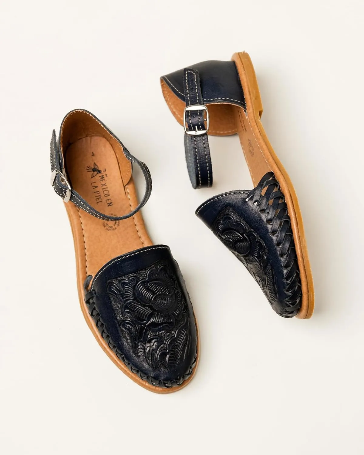Mexico en la Piel Handmade Leather Flat Sandals for Women - Available in Purple Roman Style and Blue Buckle Style, Floral Die-Cut Design, Comfortable and Casual