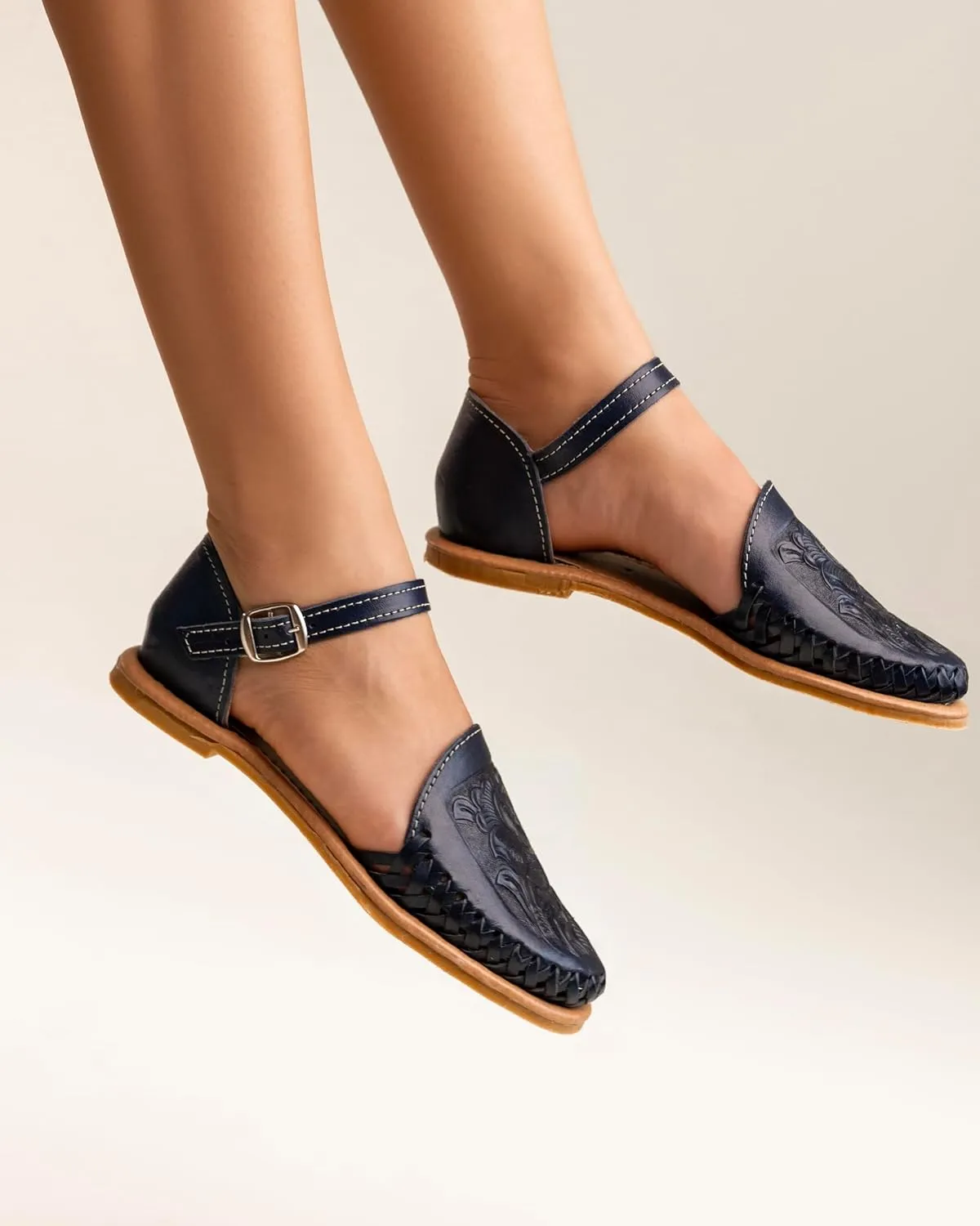 Mexico en la Piel Handmade Leather Flat Sandals for Women - Available in Purple Roman Style and Blue Buckle Style, Floral Die-Cut Design, Comfortable and Casual