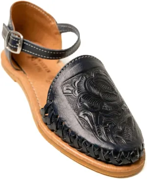 Mexico en la Piel Handmade Leather Flat Sandals for Women - Available in Purple Roman Style and Blue Buckle Style, Floral Die-Cut Design, Comfortable and Casual