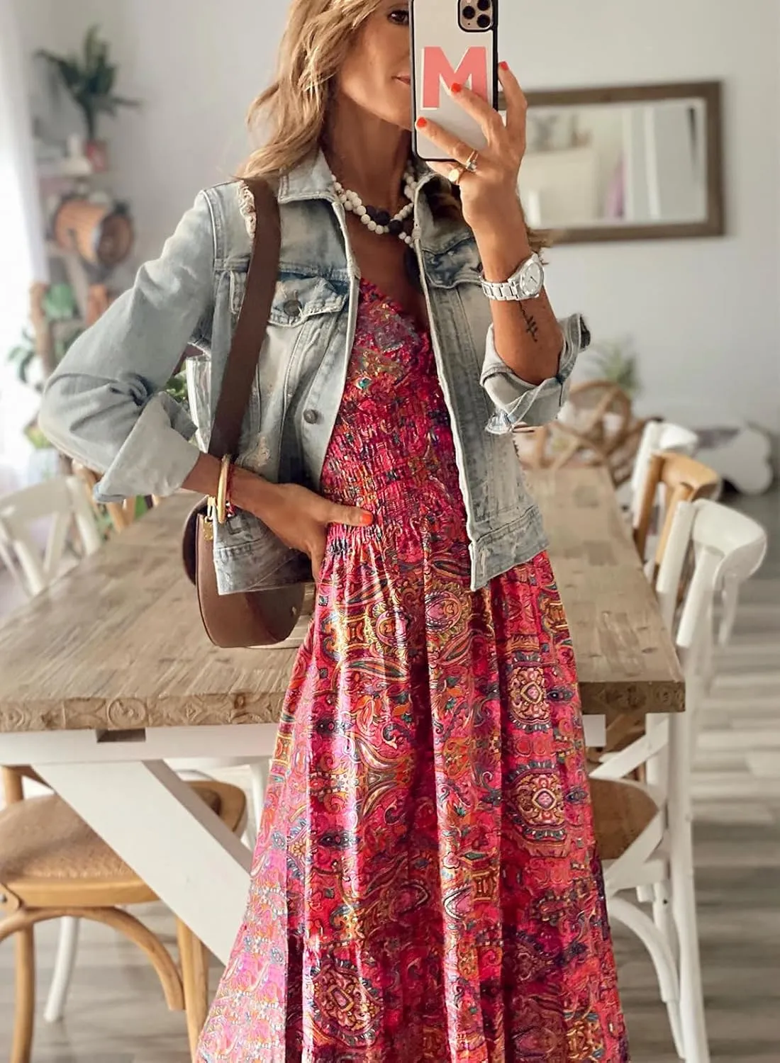 miduo Womens Summer Casual Floral V Neck Short Puff Sleeve Bohemian Print Smocked High Waist Maxi Long Dresses