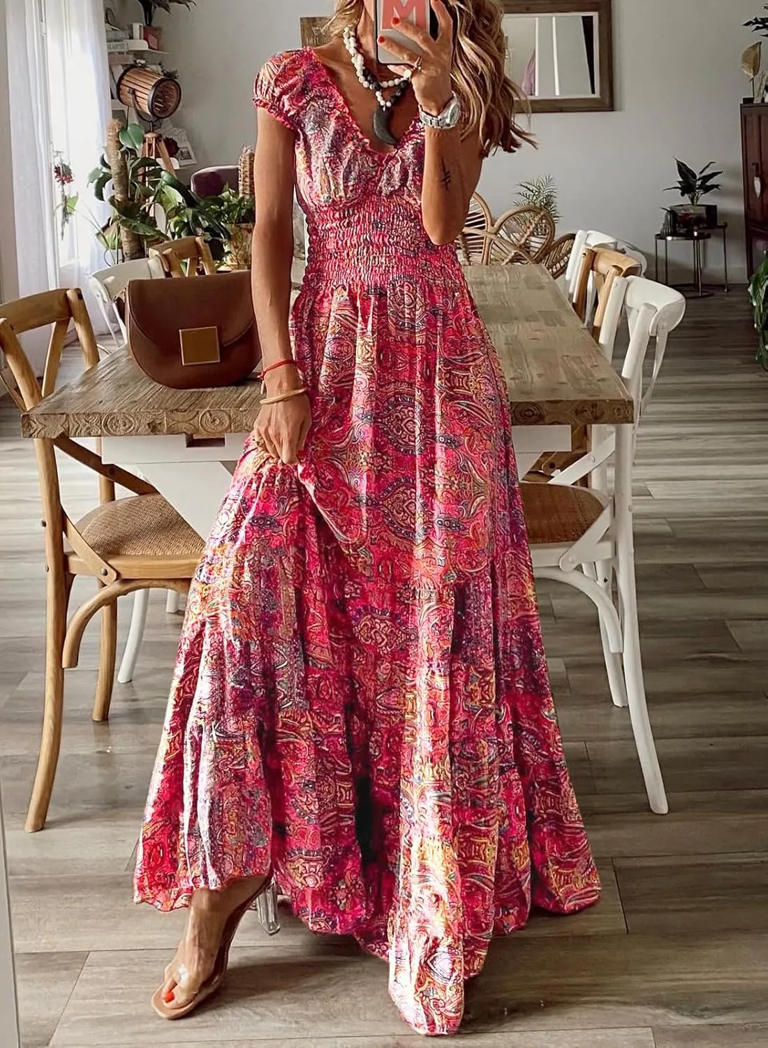 miduo Womens Summer Casual Floral V Neck Short Puff Sleeve Bohemian Print Smocked High Waist Maxi Long Dresses