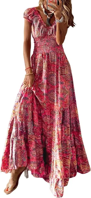 miduo Womens Summer Casual Floral V Neck Short Puff Sleeve Bohemian Print Smocked High Waist Maxi Long Dresses