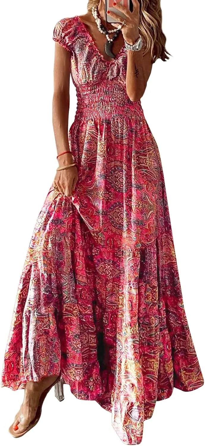 miduo Womens Summer Casual Floral V Neck Short Puff Sleeve Bohemian Print Smocked High Waist Maxi Long Dresses