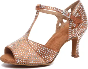 Minishion T-Strap Dance Shoes for Women Rhinestones Wedding Sandals
