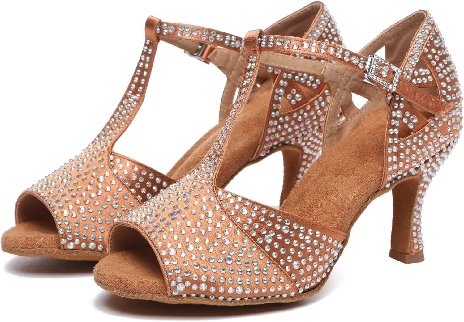 Minishion T-Strap Dance Shoes for Women Rhinestones Wedding Sandals