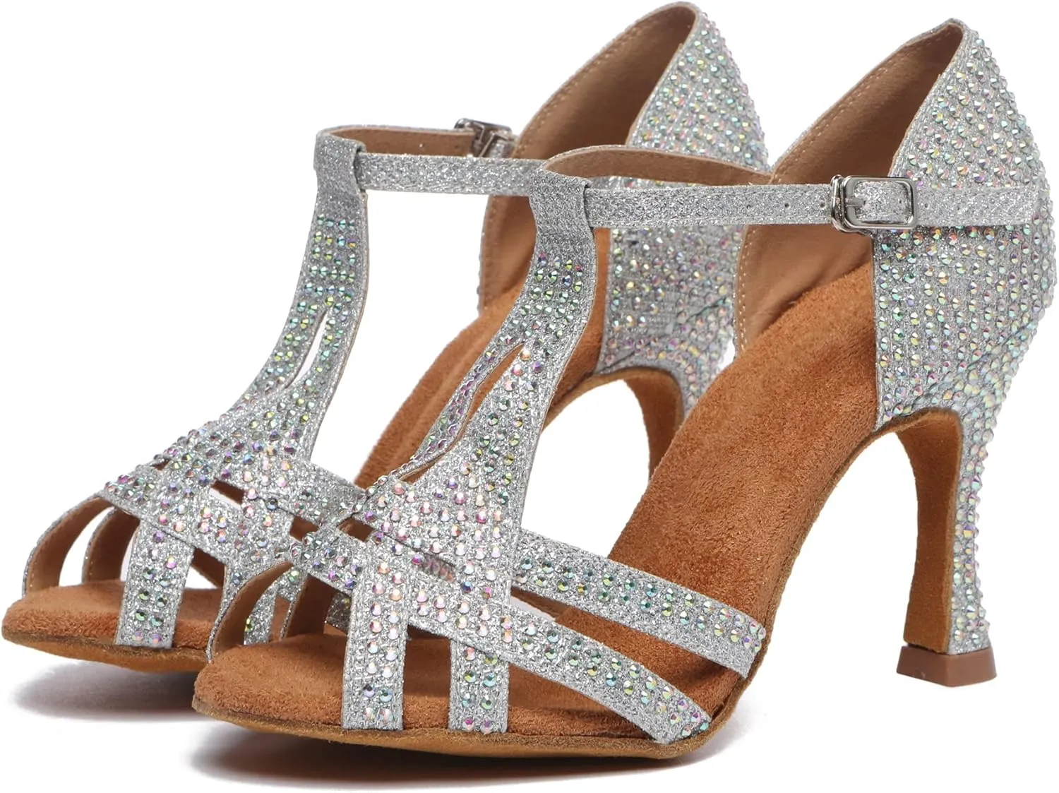 Minishion T-Strap Dance Shoes for Women Rhinestones Wedding Sandals