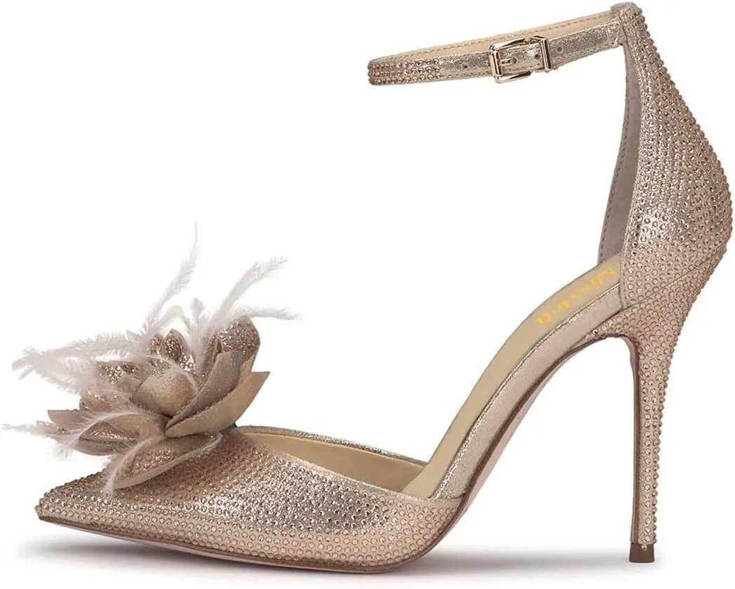 miss left Women Fashion Fur Pointy Toe D'Orsay Pumps with Ankle Strap Flowers Stiletto High Heel Sandals Wedding Event Shoes Size 4-16 US