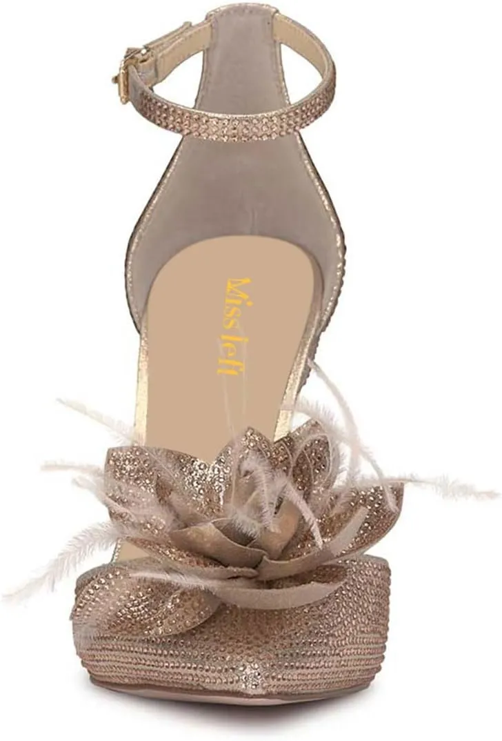 miss left Women Fashion Fur Pointy Toe D'Orsay Pumps with Ankle Strap Flowers Stiletto High Heel Sandals Wedding Event Shoes Size 4-16 US