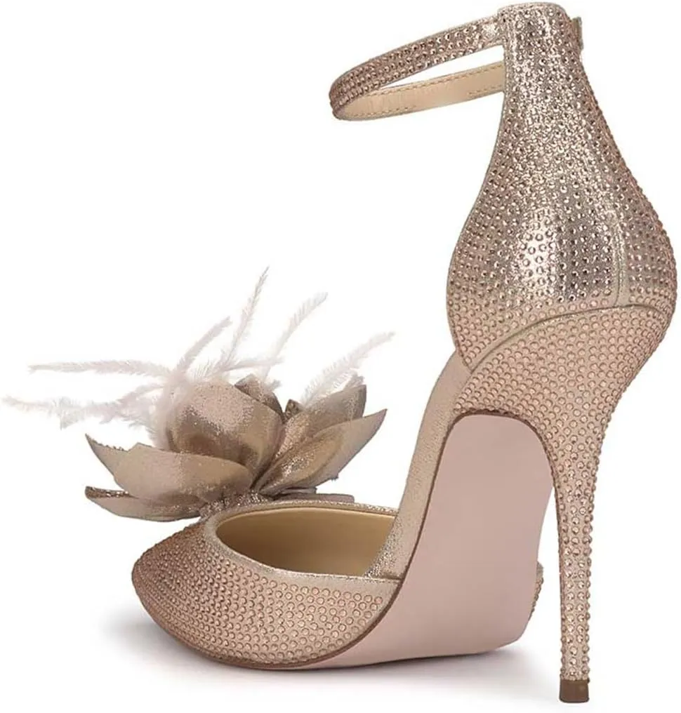 miss left Women Fashion Fur Pointy Toe D'Orsay Pumps with Ankle Strap Flowers Stiletto High Heel Sandals Wedding Event Shoes Size 4-16 US