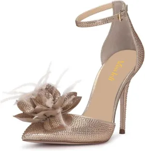 miss left Women Fashion Fur Pointy Toe D'Orsay Pumps with Ankle Strap Flowers Stiletto High Heel Sandals Wedding Event Shoes Size 4-16 US