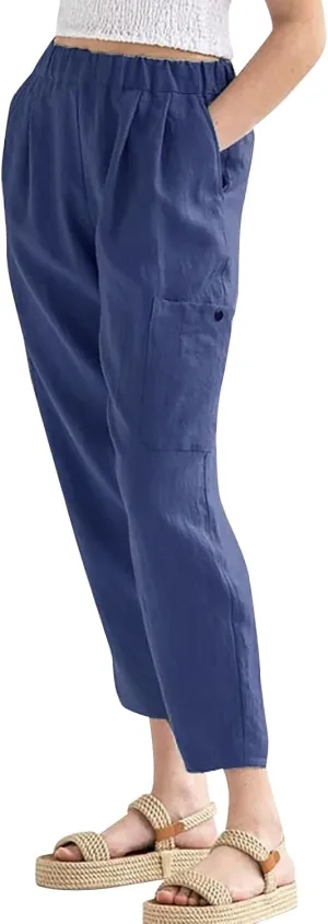 Miyaomn Women's Casual Tapered Cargo Capri Pants Cotton Linen High Elastic Waist Solid Cropped Lounge Trousers with Pockets