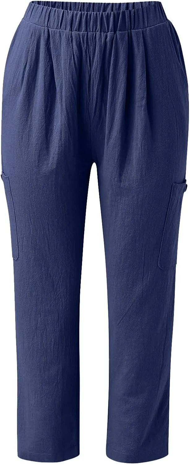 Miyaomn Women's Casual Tapered Cargo Capri Pants Cotton Linen High Elastic Waist Solid Cropped Lounge Trousers with Pockets