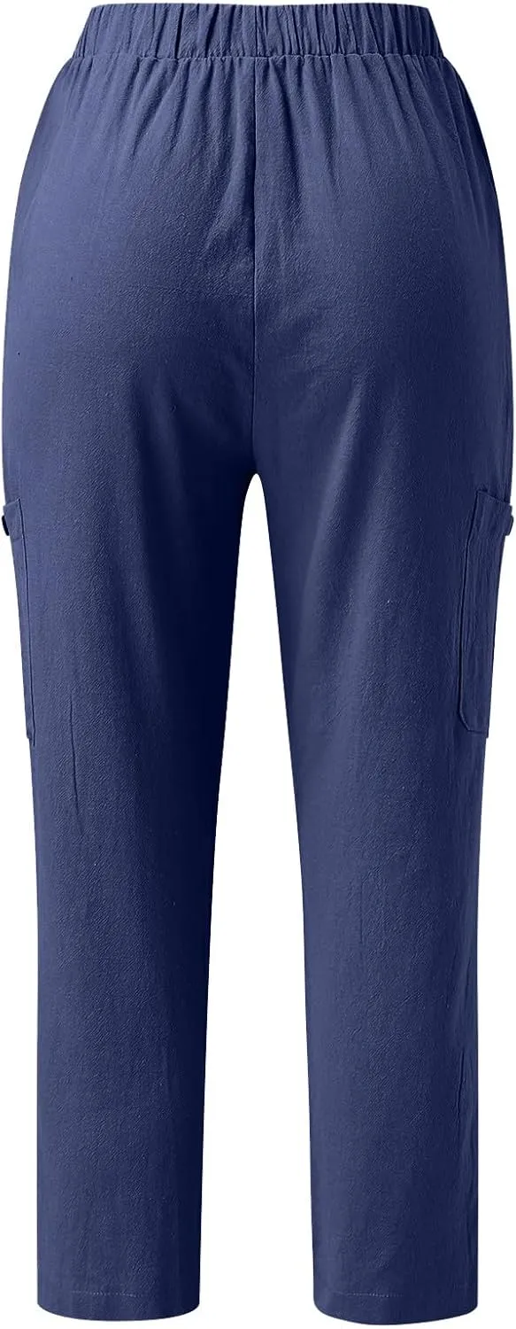 Miyaomn Women's Casual Tapered Cargo Capri Pants Cotton Linen High Elastic Waist Solid Cropped Lounge Trousers with Pockets