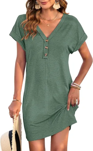 MOLERANI Women's Casual T Shirt V Neck Dress Summer Button Short Sleeve Dresses 2025 Mini Sundresses