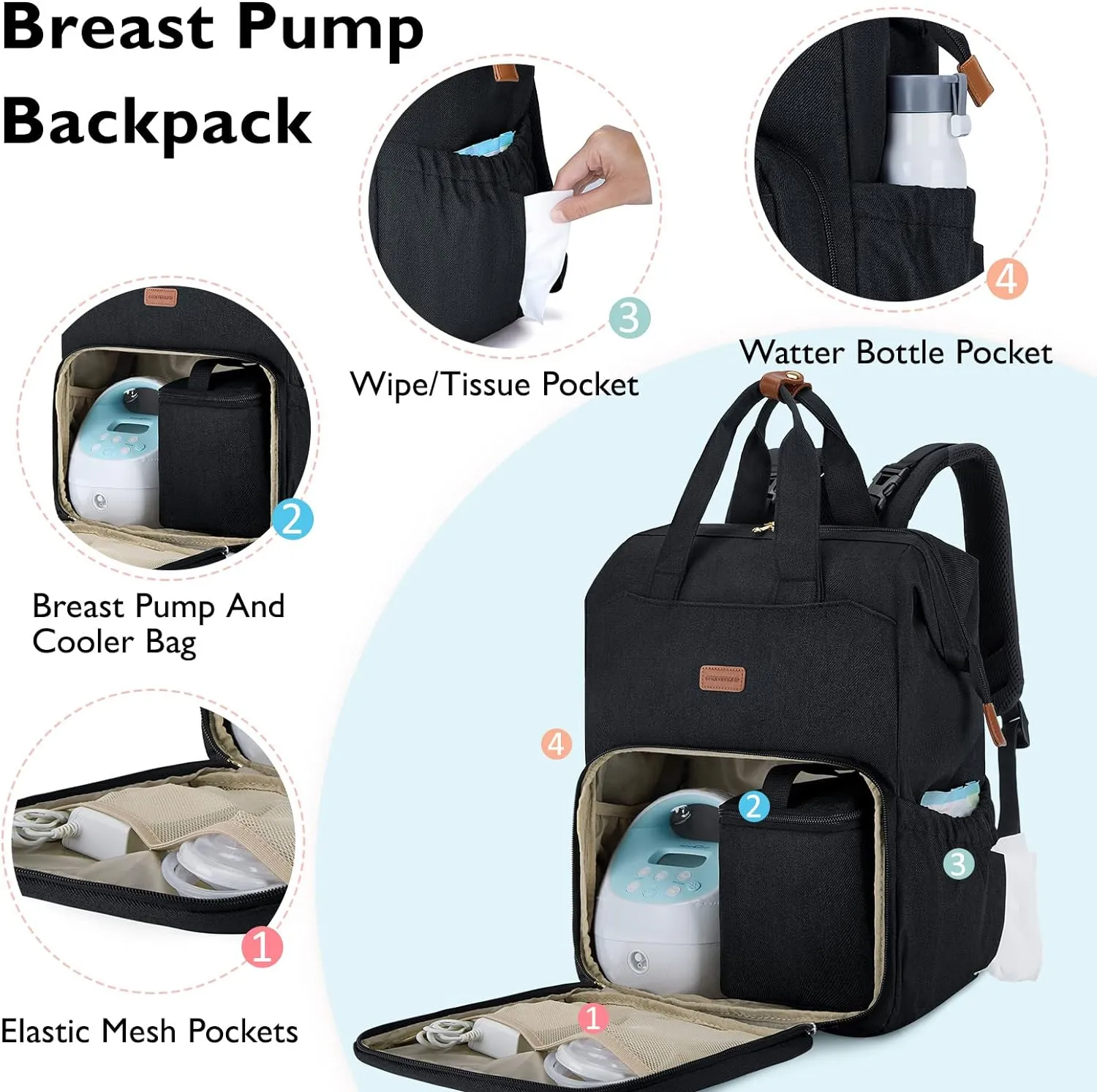 mommore Breast Pump Bag Backpack for Spectra S1,S2 Medela Large Diaper Backpack for Working Moms with 15.6 inch Laptop Sleeve, Black