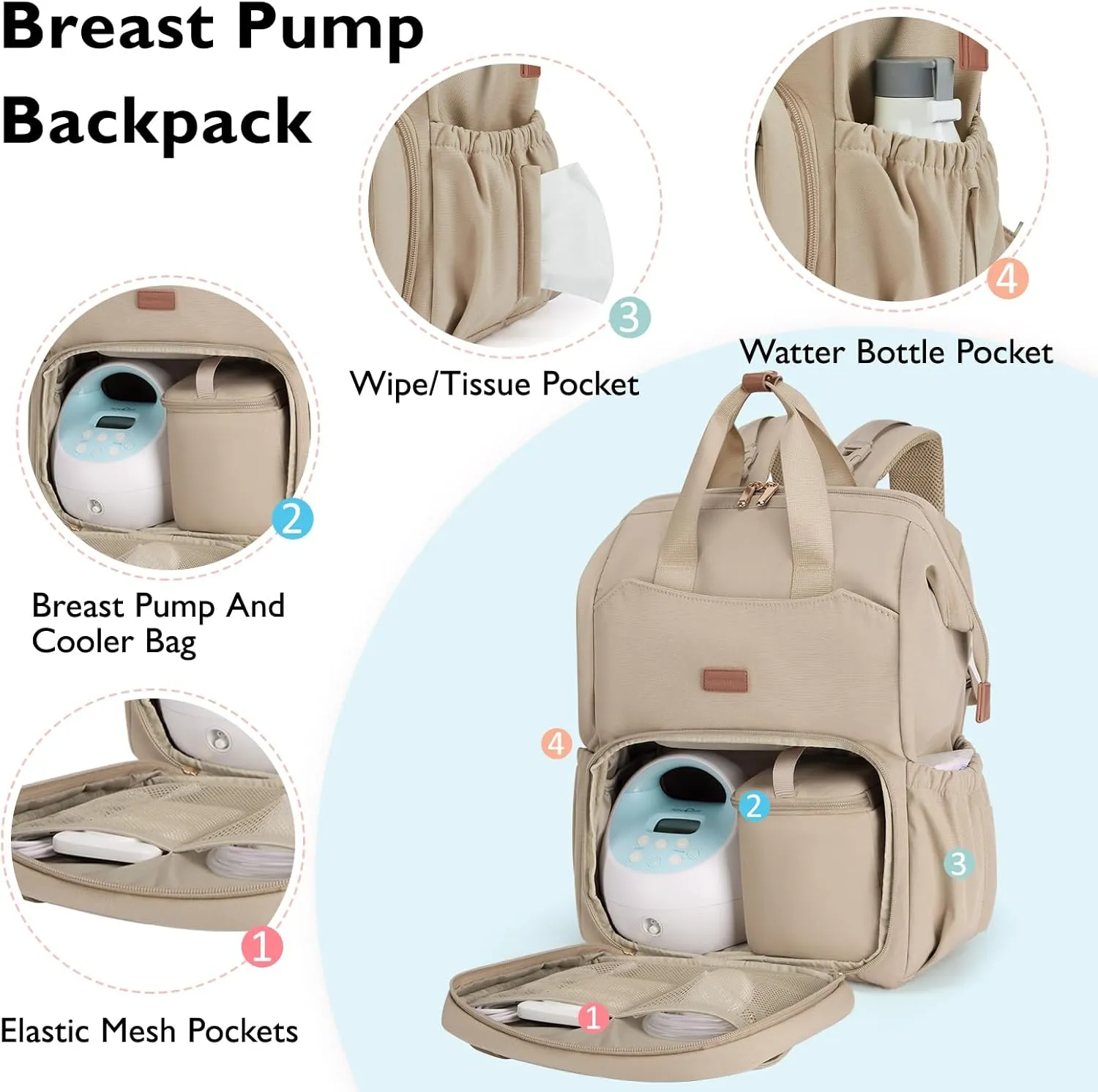 mommore Diaper Bag Backpack, Breast Pump Backpack for Spectra S1,S2 Medela Pumping Backpack for Working Moms with 15.6 inch Laptop Sleeve, Champagne