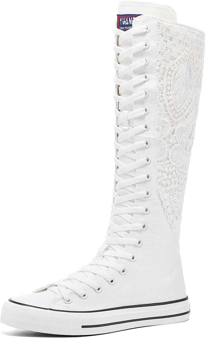 Momuk Women's Knee High Lace Up Zip Fashion Dancing Canvas Boots