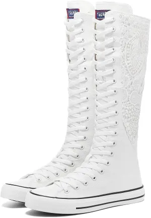 Momuk Women's Knee High Lace Up Zip Fashion Dancing Canvas Boots