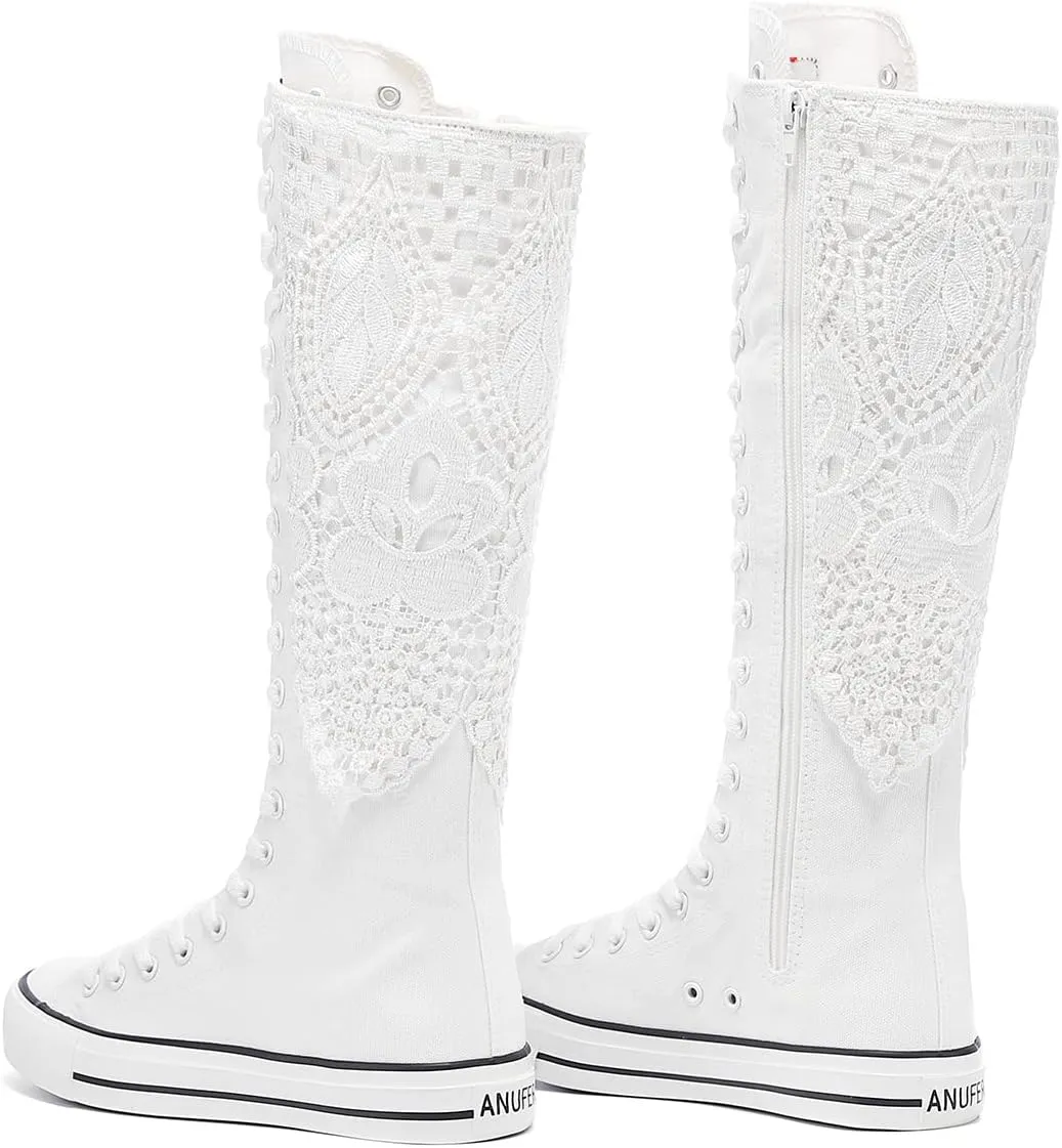 Momuk Women's Knee High Lace Up Zip Fashion Dancing Canvas Boots