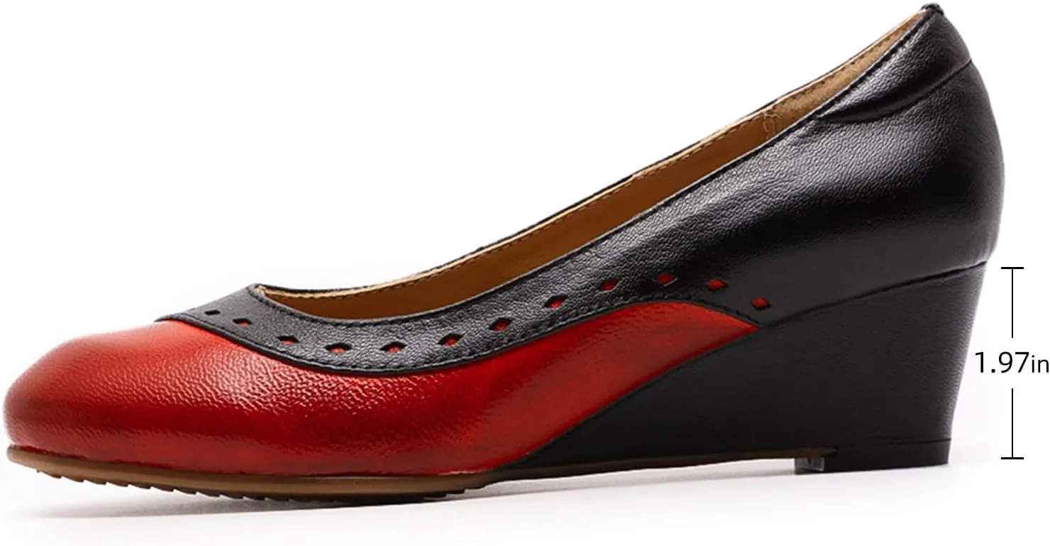 Mona flying Women's Leather Closed Toe 2 Inch Mid Wedges Heels with Arch Support Round Toe Comfortable Dress Pumps for Women Ladies