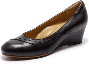 Mona flying Women's Leather Closed Toe 2 Inch Mid Wedges Heels with Arch Support Round Toe Comfortable Dress Pumps for Women Ladies