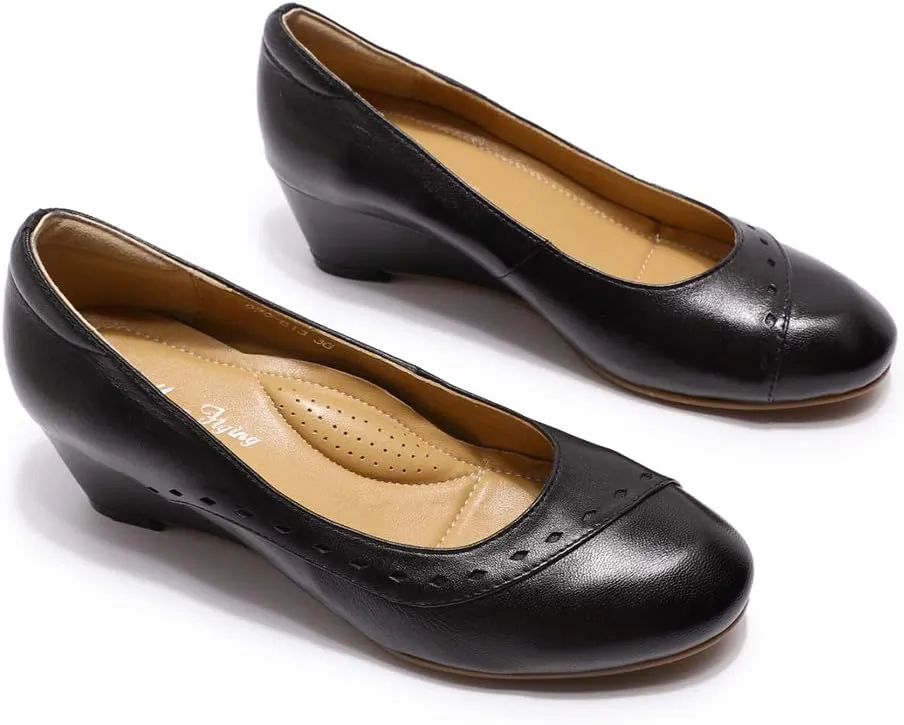 Mona flying Women's Leather Closed Toe 2 Inch Mid Wedges Heels with Arch Support Round Toe Comfortable Dress Pumps for Women Ladies