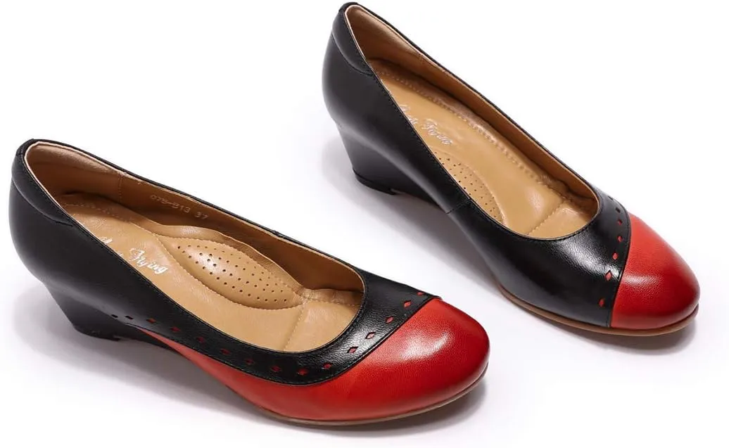 Mona flying Women's Leather Closed Toe 2 Inch Mid Wedges Heels with Arch Support Round Toe Comfortable Dress Pumps for Women Ladies
