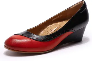 Mona flying Women's Leather Closed Toe 2 Inch Mid Wedges Heels with Arch Support Round Toe Comfortable Dress Pumps for Women Ladies