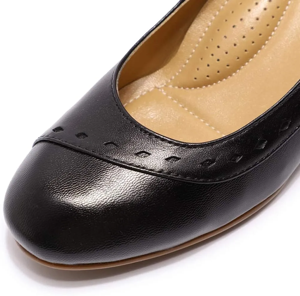 Mona flying Women's Leather Closed Toe 2 Inch Mid Wedges Heels with Arch Support Round Toe Comfortable Dress Pumps for Women Ladies