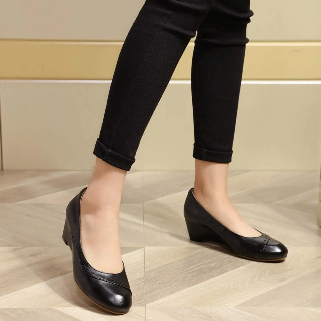 Mona flying Women's Leather Closed Toe 2 Inch Mid Wedges Heels with Arch Support Round Toe Comfortable Dress Pumps for Women Ladies