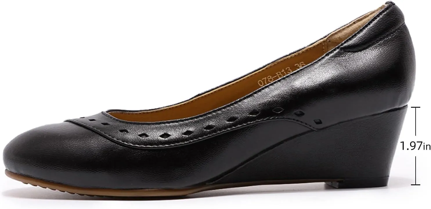 Mona flying Women's Leather Closed Toe 2 Inch Mid Wedges Heels with Arch Support Round Toe Comfortable Dress Pumps for Women Ladies