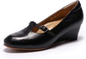 Mona flying Women's Leather Closed Toe Mary Jane Wedge Pumps Round Toe Mid Heel Dress Shoes for Women Ladies