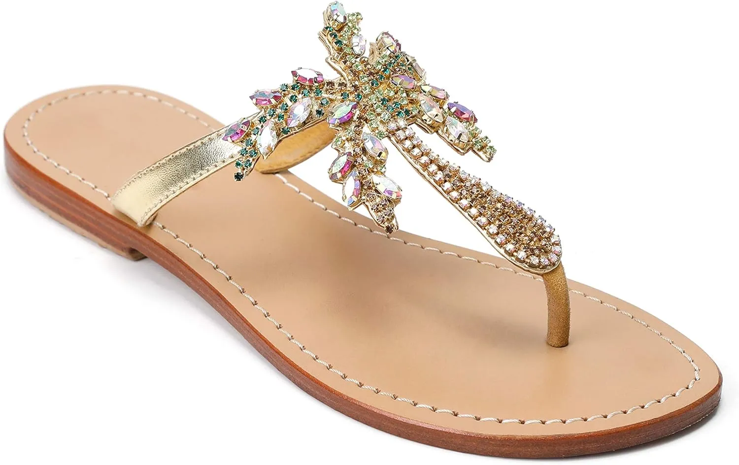 Monrovia Women's Rhinestone Jeweled Flat Beach Wedding Summer Sandals Gold Rhinestone Jeweled Sandals for Women Bling Jelly Flat Sparkly Sandals Dress Dressy Flip Flops
