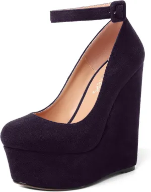 MOVINSTEPS Womens Buckle Fashion Ankle Strap Platform Solid Party Round Toe Suede Wedge High Heel Pumps Shoes 6 Inch