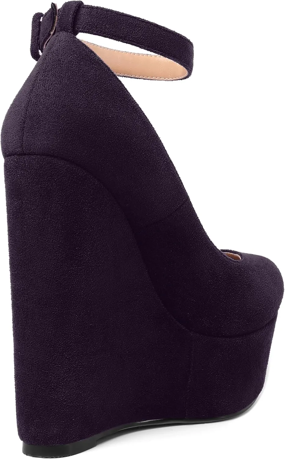 MOVINSTEPS Womens Buckle Fashion Ankle Strap Platform Solid Party Round Toe Suede Wedge High Heel Pumps Shoes 6 Inch