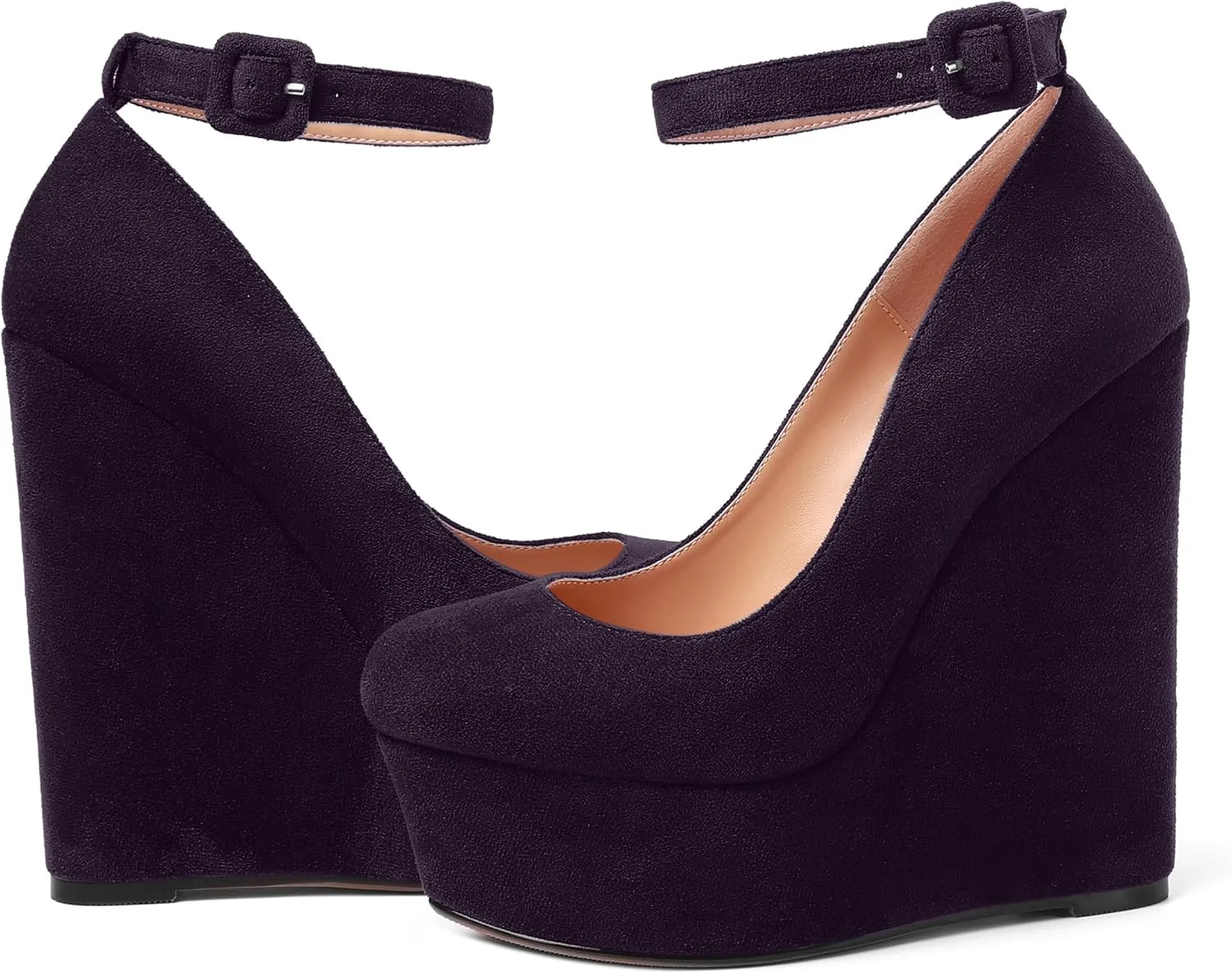 MOVINSTEPS Womens Buckle Fashion Ankle Strap Platform Solid Party Round Toe Suede Wedge High Heel Pumps Shoes 6 Inch