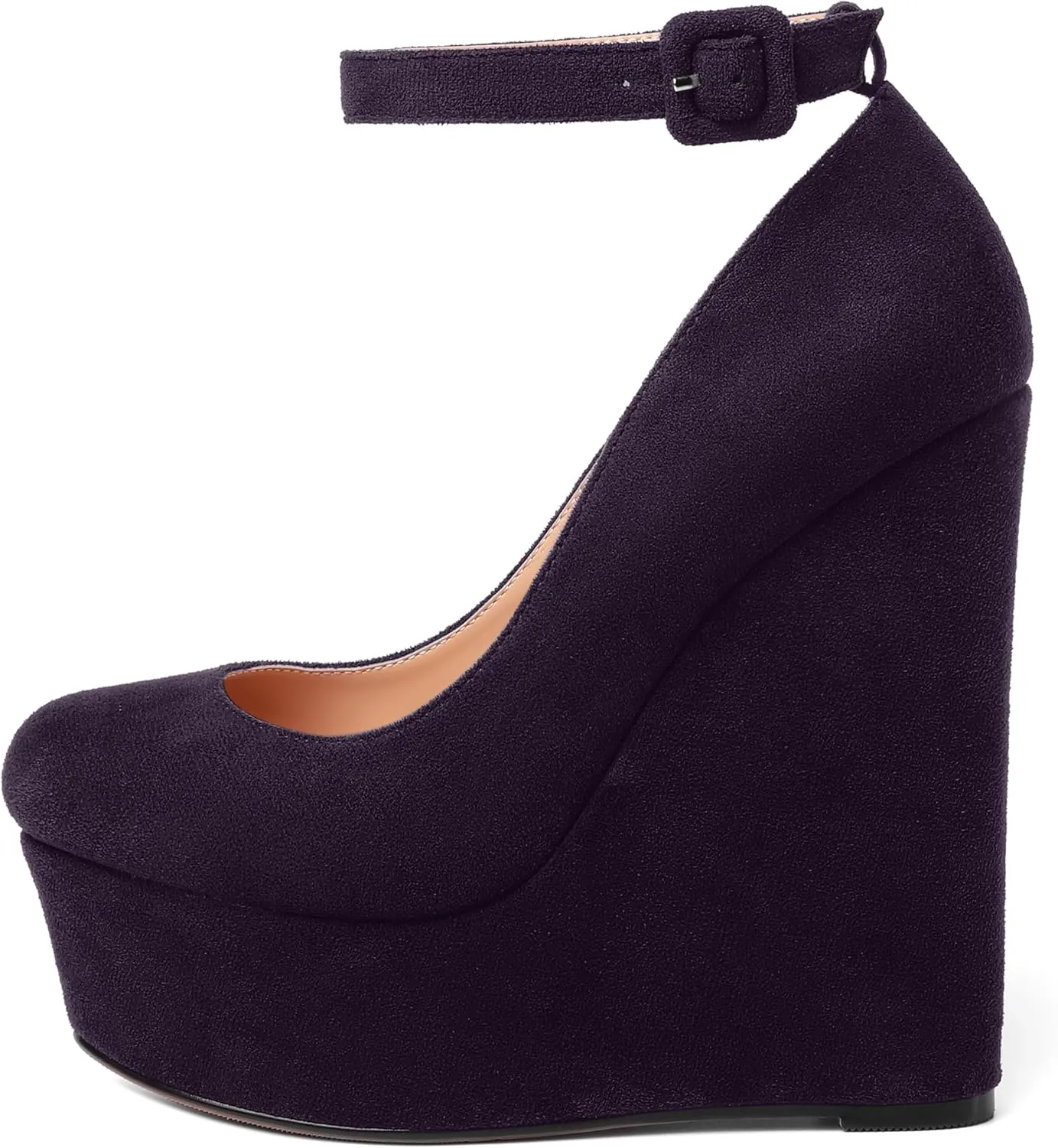 MOVINSTEPS Womens Buckle Fashion Ankle Strap Platform Solid Party Round Toe Suede Wedge High Heel Pumps Shoes 6 Inch
