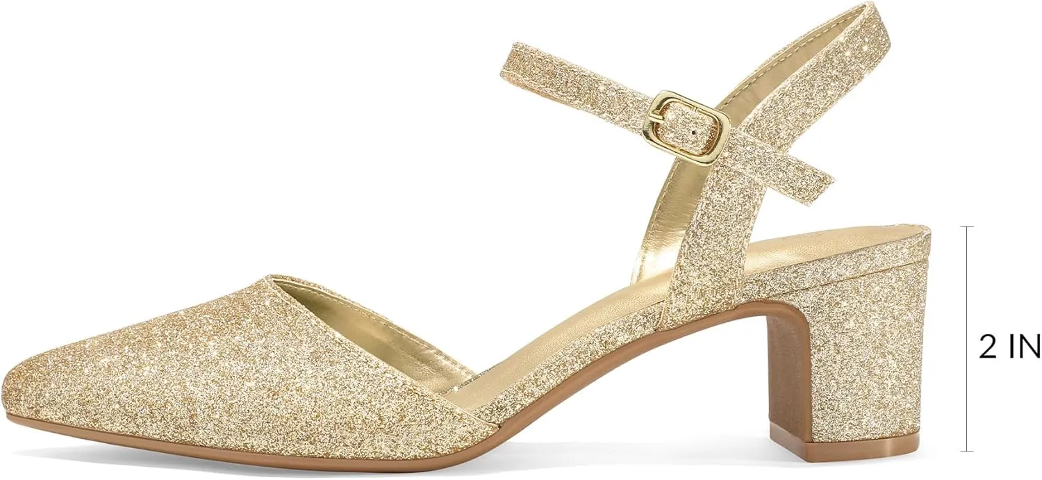 mysoft Women's Pumps 2 Inch Chunky Block Heel Pointed Toe Ankle Strap Slingback Wedding Party Dress Shoes