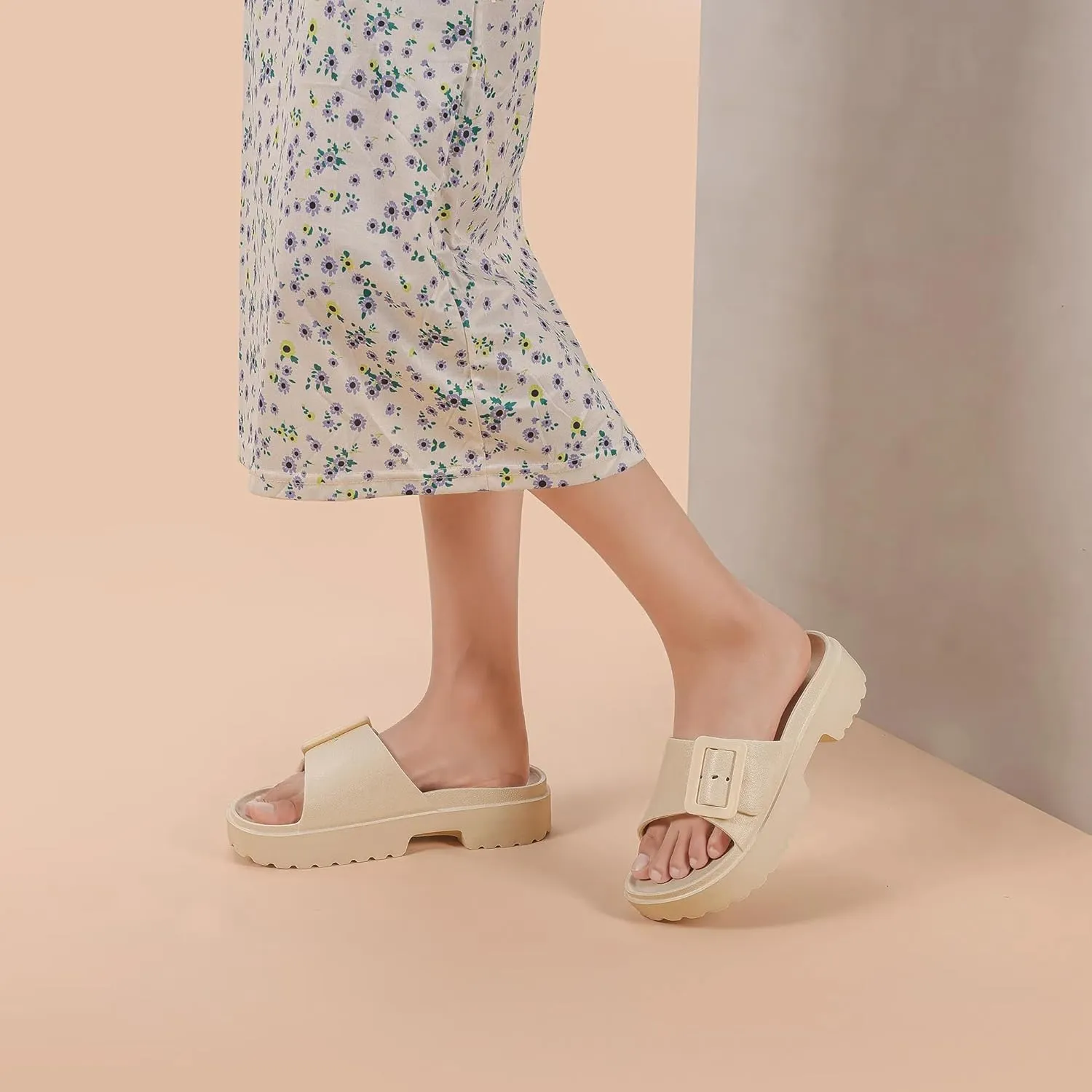 NineCiFun Women's Platform Sandals Low Wedge Sandals Open Toe Slide Sandals With Adjustable Buckle