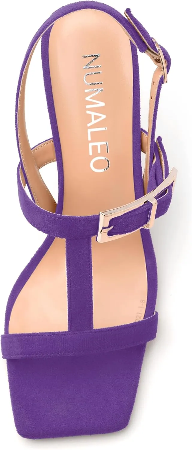 NUMALEO Women's 2 Inch Low Kitten Heeled Square Open Toe Sandals Ankle Strap Slingback Dress Shoes for Woman Summer Dressy