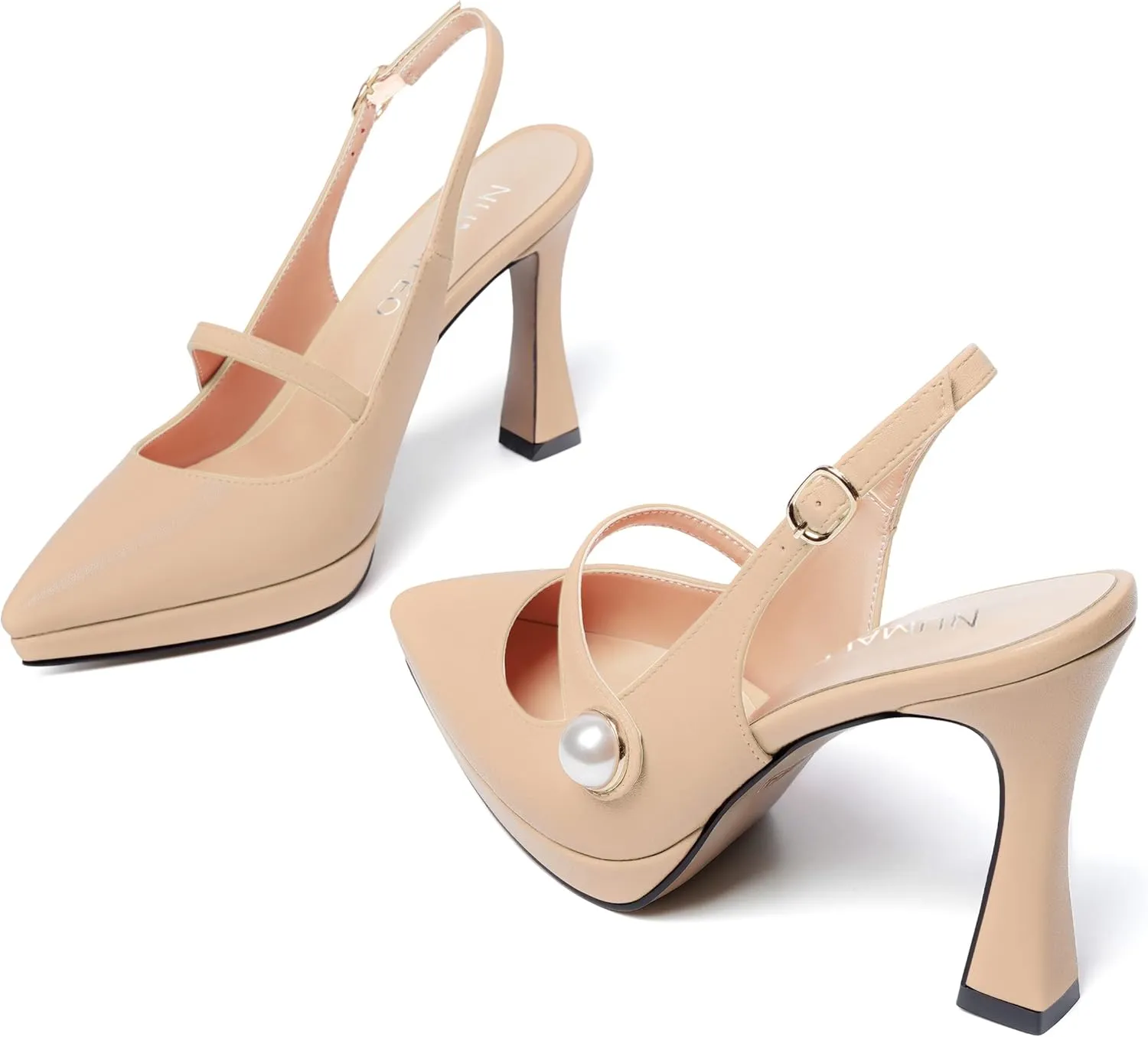 NUMALEO Womens Dress Pearl Matte Wedding Solid Ankle Strap Pointed Toe Buckle Spool High Heel Platforms Sandals 4 Inch