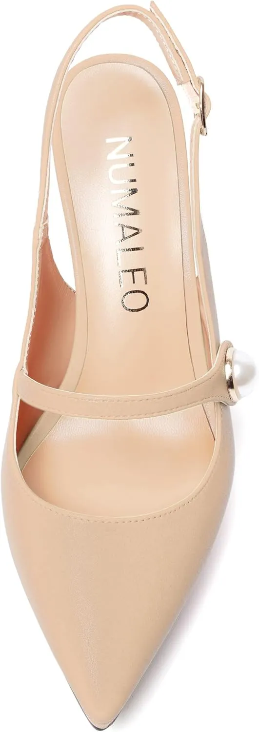 NUMALEO Womens Dress Pearl Matte Wedding Solid Ankle Strap Pointed Toe Buckle Spool High Heel Platforms Sandals 4 Inch