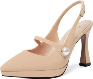 NUMALEO Womens Dress Pearl Matte Wedding Solid Ankle Strap Pointed Toe Buckle Spool High Heel Platforms Sandals 4 Inch