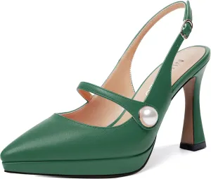 NUMALEO Womens Dress Pearl Matte Wedding Solid Ankle Strap Pointed Toe Buckle Spool High Heel Platforms Sandals 4 Inch