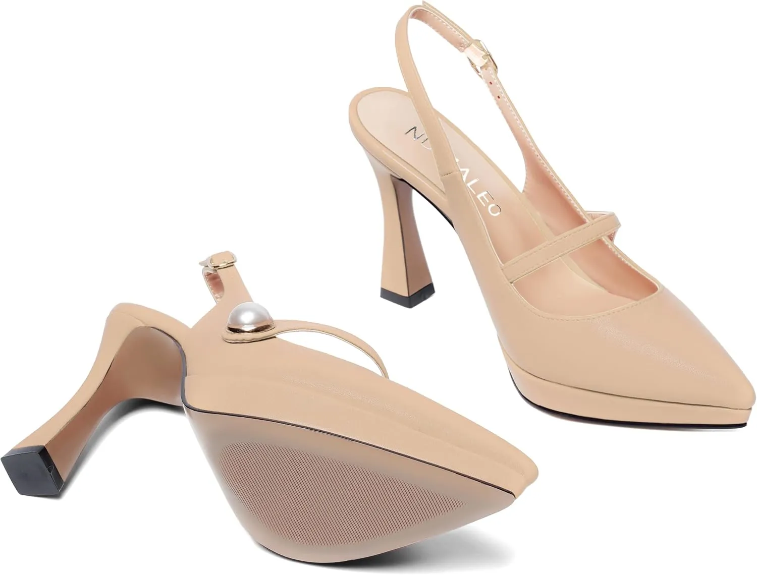 NUMALEO Womens Dress Pearl Matte Wedding Solid Ankle Strap Pointed Toe Buckle Spool High Heel Platforms Sandals 4 Inch