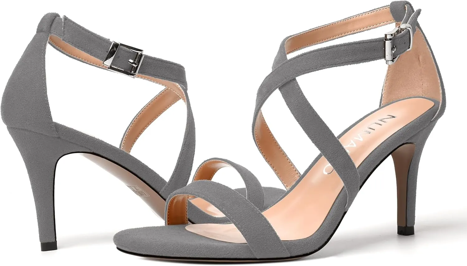 NUMALEO Womens Open Toe Buckle Evening Ankle Strap Comfortable Sexy Suede Stiletto High Heel Heeled Sandals 3.3 Inch