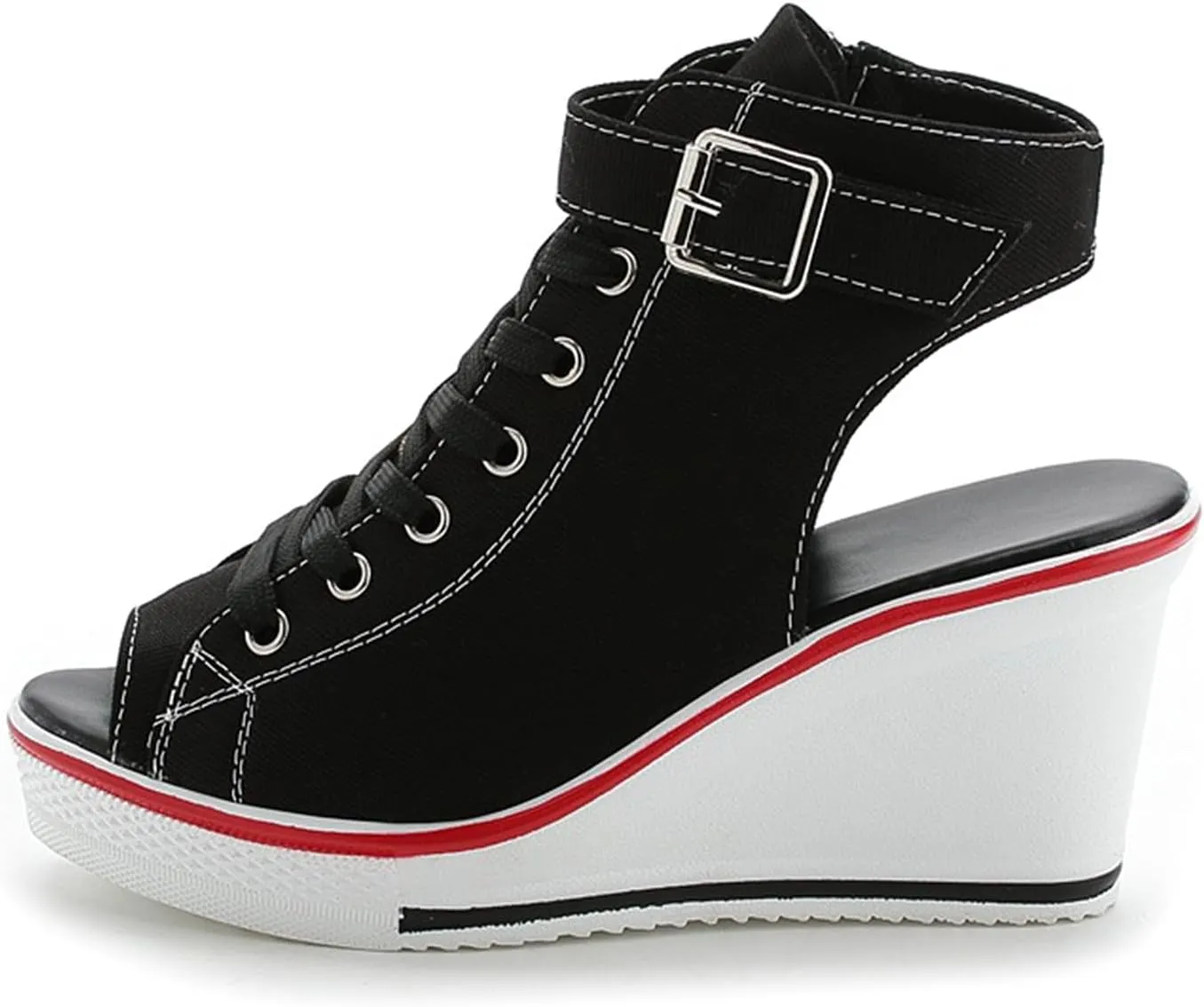 OCHENTA Women's Peep Toe Canvas Wedge Heeled Platform Fashion Sneaker