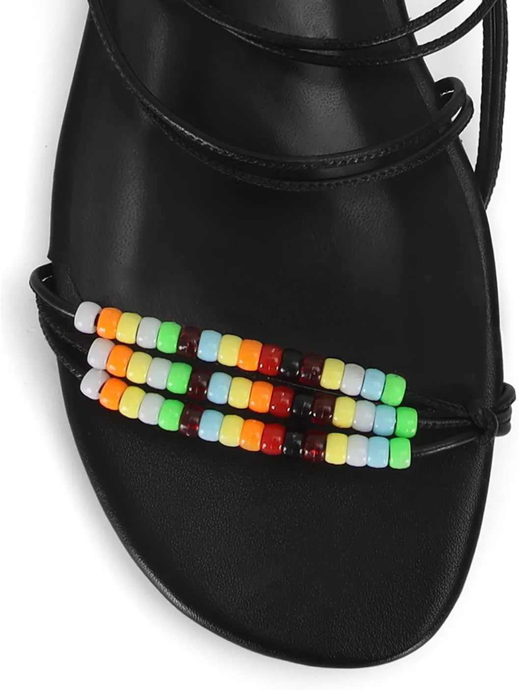 Open Toe Flat Sandals for Women Strappy Beaded Ankle Buckle Summer Beach Dress Sandals Shoes