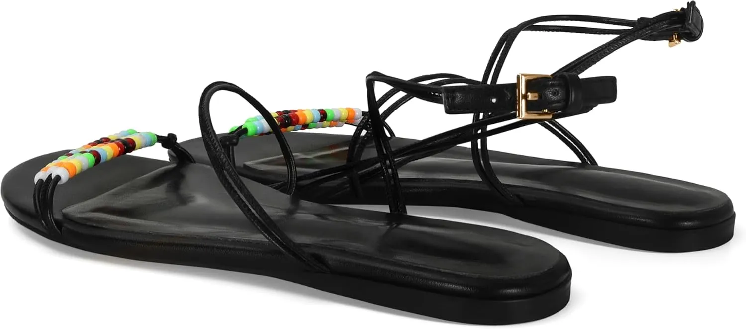 Open Toe Flat Sandals for Women Strappy Beaded Ankle Buckle Summer Beach Dress Sandals Shoes